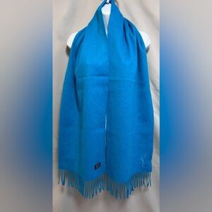 Yves Saint Laurent YSL Blue Wool Logo‎ Fringe Scarf 70”x 12”
